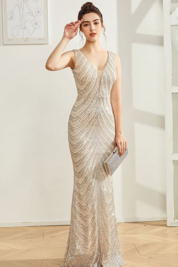 Vestido de fiesta largo con cuello en V de sirena plateada brillante